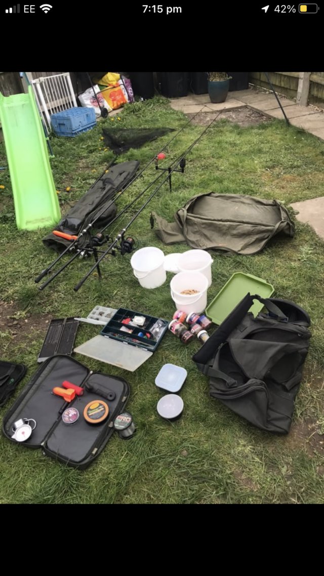 Preview of the first image of 2 12 ft carp fishing rod set up reels tackle bait etc.