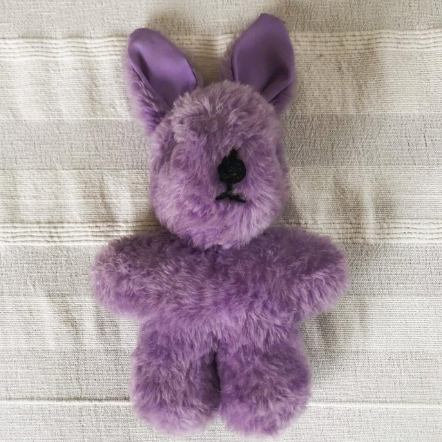 Preview of the first image of Vintage 1980's handmade purple faux fur rabbit soft toy..