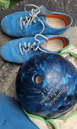 Image 1 of 10 pin Brunswick bowling ball, bag, cloth and shoes (size 6)