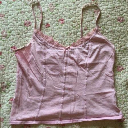 Image 1 of Vtg NEW LOOK Candy Stripe Pink & White Strappy Top, sz14