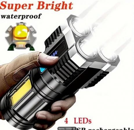 Image 2 of 1pc LED Flashlight, Powerful 4 LED Flashlight With COB Side