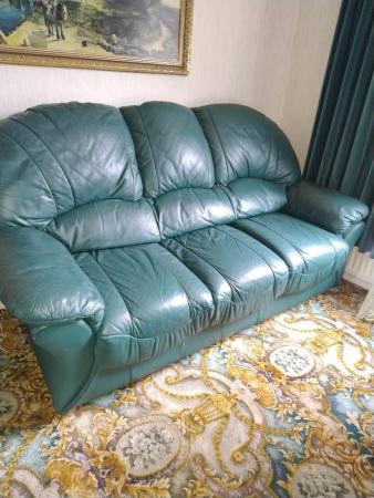 Image 1 of Green leather three seater settee
