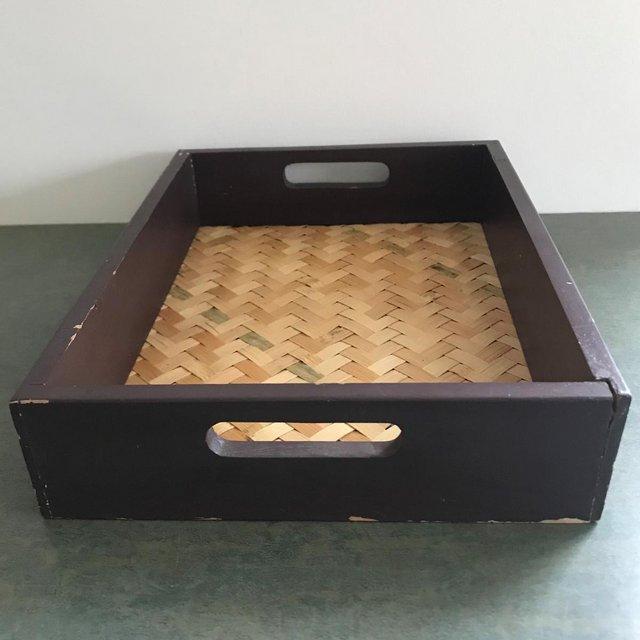 Preview of the first image of Wooden tray, woven plam leaf inner base. Upcycle, refurb.