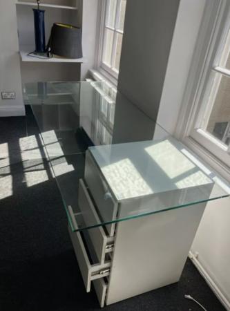 Image 2 of Modern solid glass desk with white 4 drawer storage home off