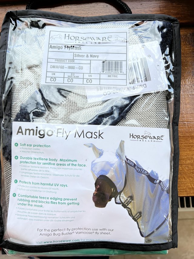 Preview of the first image of Fly mask. Cob size navy/silver..