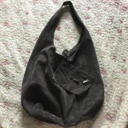 Image 1 of BORSE IN PELLE Dark Grey Suede Leather LARGE Slouch Hobo Bag