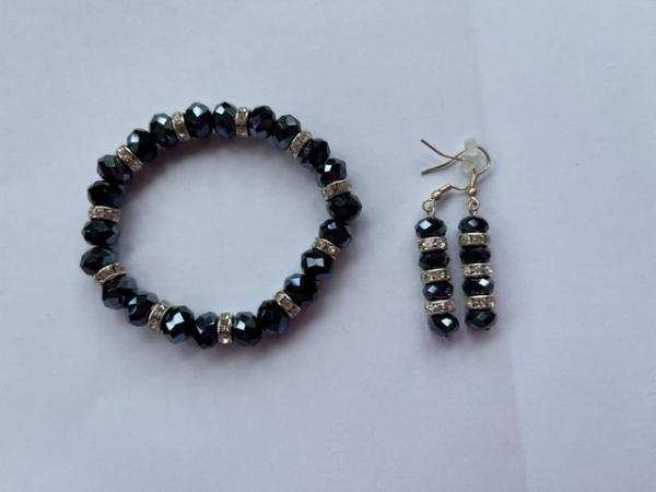 Image 3 of Beautiful black/dark navy bead/”diamonte” bracelet earrings
