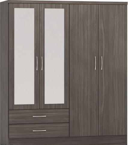 Preview of the first image of NEVADA 4 DOOR 2 DRAWER MIRRORED WARDROBE IN BLACK WOOD GRAIN.