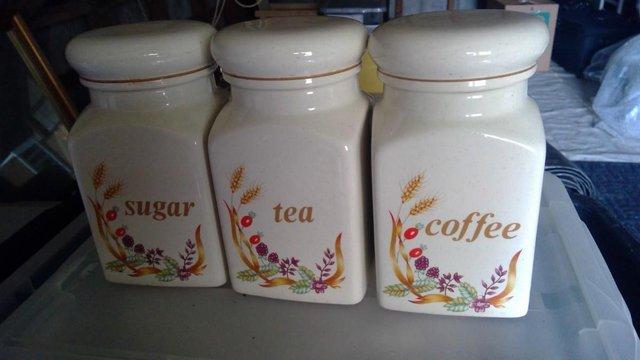 Image 1 of Vintage Tea Coffee & Sugar Cannisters Ceramic Autumn Harvest