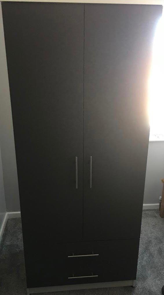 Preview of the first image of NOVA WHITE SIDES GREY FRONT WARDROBE WITH 2 DRAWERS.