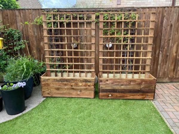 Image 1 of Pair of Rustic Treated Garden Planters with 6 foot Trellis