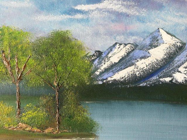Preview of the first image of Mountain Lakeside Original Acrylic Painting.