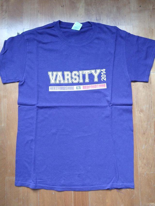 Preview of the first image of Purple Varsity (Herts v Beds 2014) T-Shirt (size S).