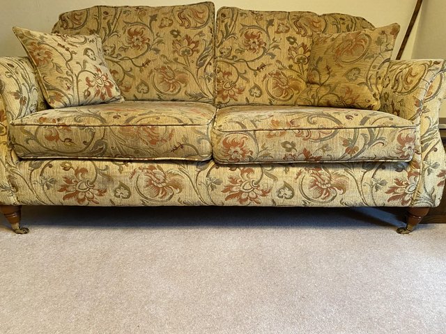 Preview of the first image of Tapestry patterned sofa and two arm chairs.