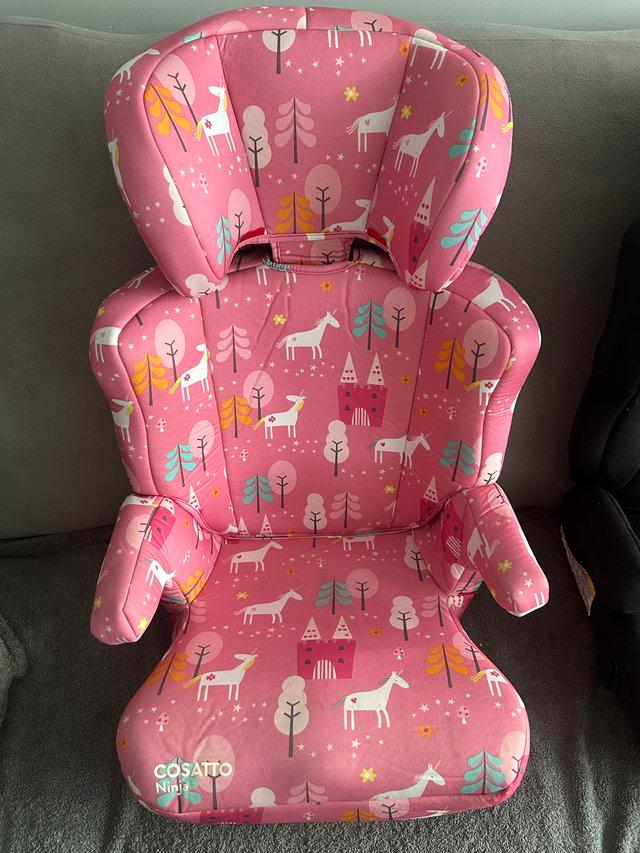 Preview of the first image of kids car seat pink unicorn good condition.