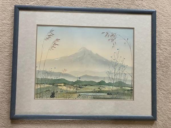 Image 1 of Art Print - Mountain landscape scene in mount & blue frame