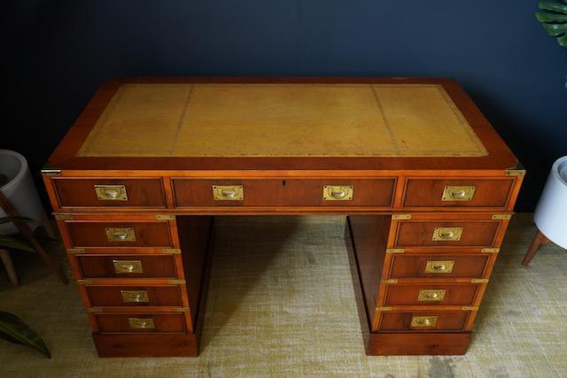 Image 10 of Antique Yew Wood Military Campaign Style Pedestal Desk c1930