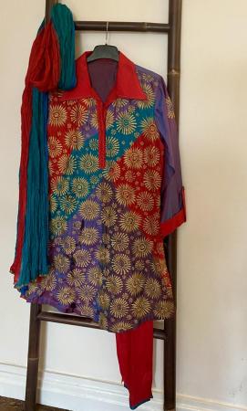 Image 1 of Red, purple, blue Indian churidar suit