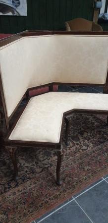 Image 1 of Two Seat Corner chair/  Cream fabric/Inlaid wood