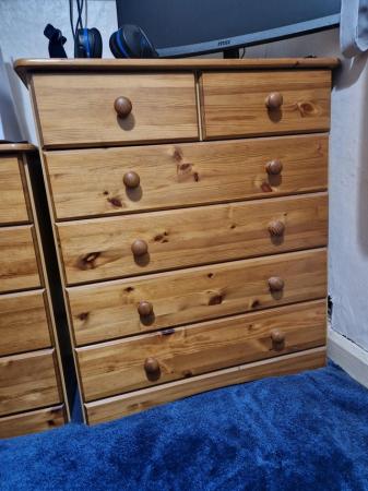 Image 3 of Solid pine wardrobes, two matching chest of draws bed side d