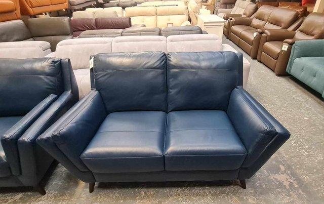 Image 6 of New Fellini blue leather pair of 2 seater sofas