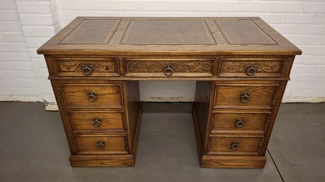 Jaycee Old Charm Style Carved Oak Desk With Leather Top