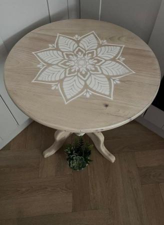 Image 2 of White washed pine table with a mandala print.