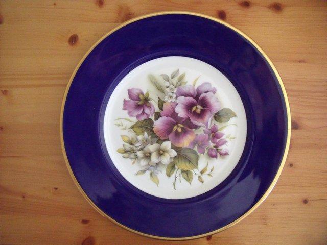 Preview of the first image of Coalport colbalt blue/gold rim, floral/pansies/flowers plate.