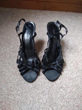 Image 2 of Ladies black Satin high heel sandals with metal heels