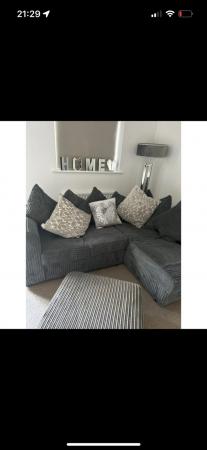 Image 3 of L shape grey cord sofa with foot stool