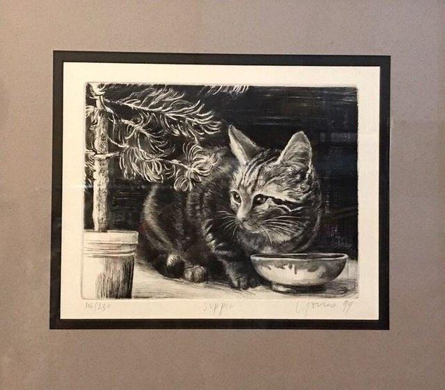 Preview of the first image of Lovely Liza Jones Drypoint Etching 'Supper' Tabby Cat Kitten.