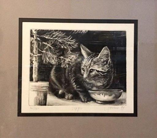 Image 1 of Lovely Liza Jones Drypoint Etching 'Supper' Tabby Cat Kitten
