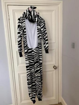 Image 1 of Cute Hooded Zebra Onesie with Zip