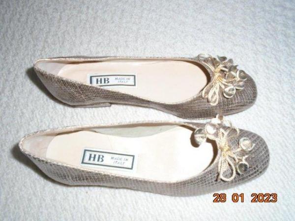 Image 1 of HB Brand New Gold "Snake" Leather Low Heeled Pumps