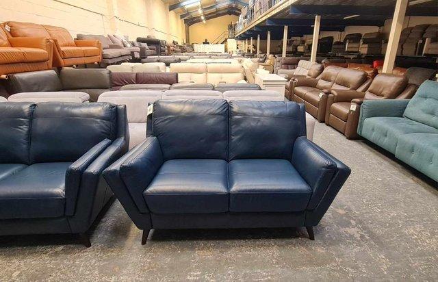 Image 9 of New Fellini blue leather pair of 2 seater sofas