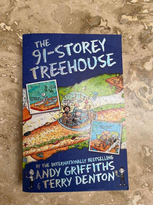 Preview of the first image of The 91-Storey Treehouse paperback book.