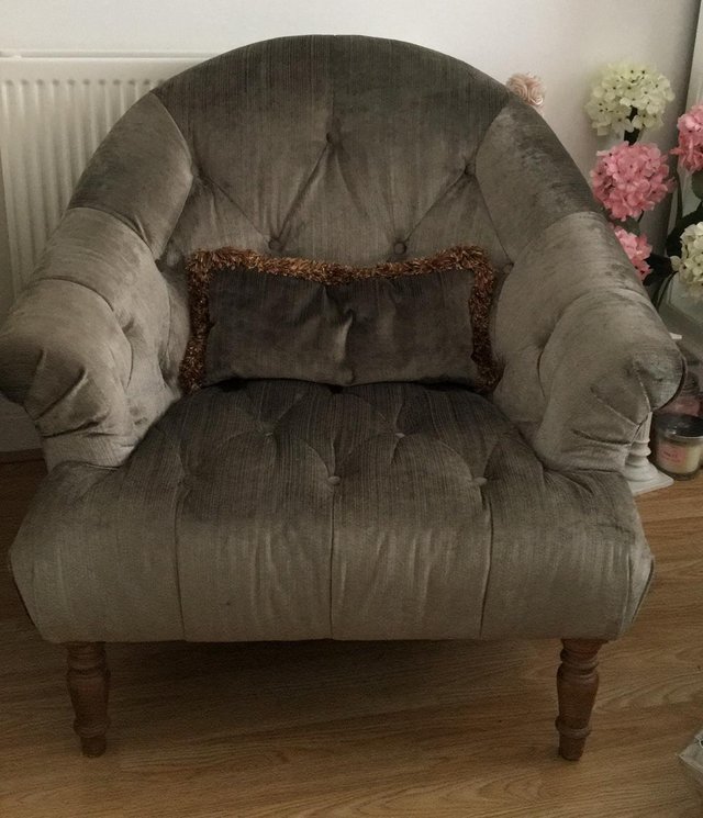 Preview of the first image of SOFOLOGY Grey Velvet Chair with Matching Cushion..