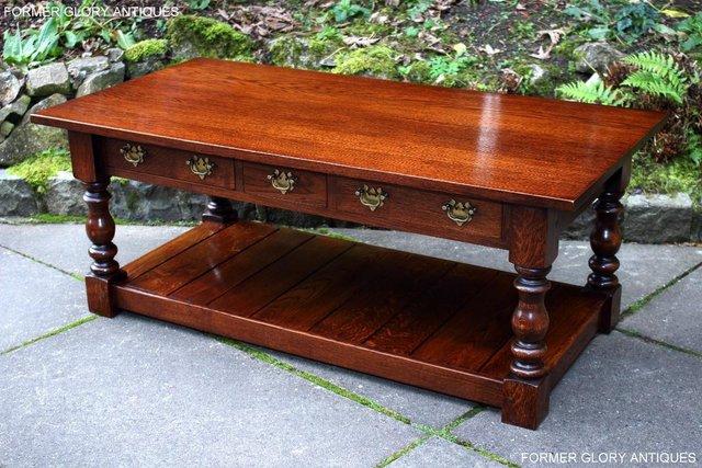 Image 72 of TAYLOR & Co STRESSED OAK THREE DRAWER POTBOARD COFFEE TABLE