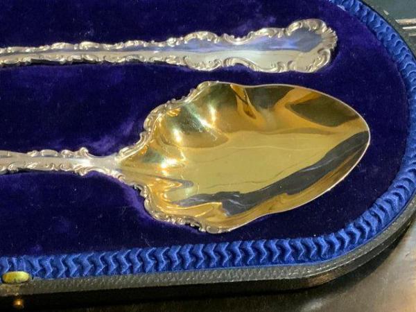 Image 2 of Silver & Gilt Pair of Serving Spoons in their original Case
