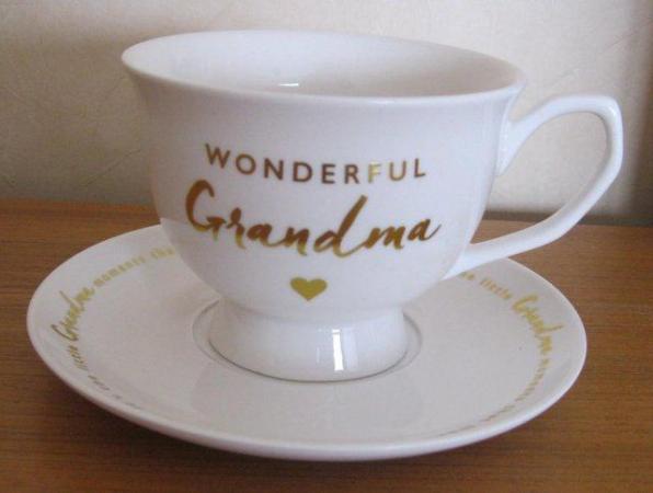 Image 1 of Cup and Saucer for Grandma for use or ornamental, NEW.