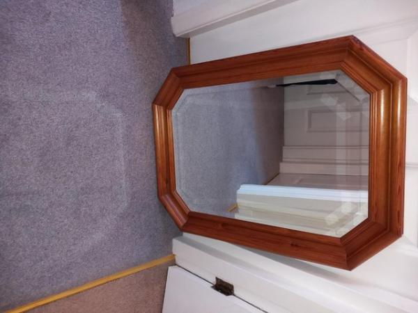 Image 3 of Pine wood framed mirror with bevelled edged glass