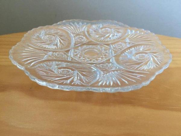 Image 1 of Pretty shallow patterned clear glass dish with scalloped rim
