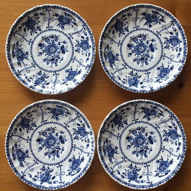 Preview of the first image of 4 Johnson Brothers saucers, Indies, blue & white..