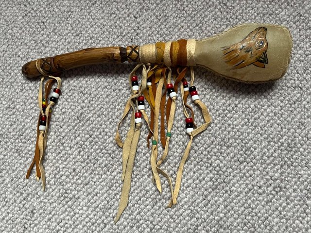 Preview of the first image of Unique shamanic ceremonial rattle with animal symbols.