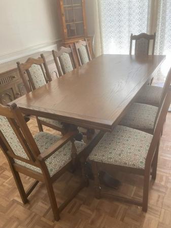 Image 1 of SOLID OAK VINTAGE TABLE AND CHAIRS WITH EIGHT CHAIRS