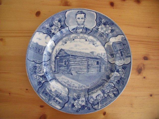 Preview of the first image of Vintage Adams blue & white Lincoln's New Salem plate..