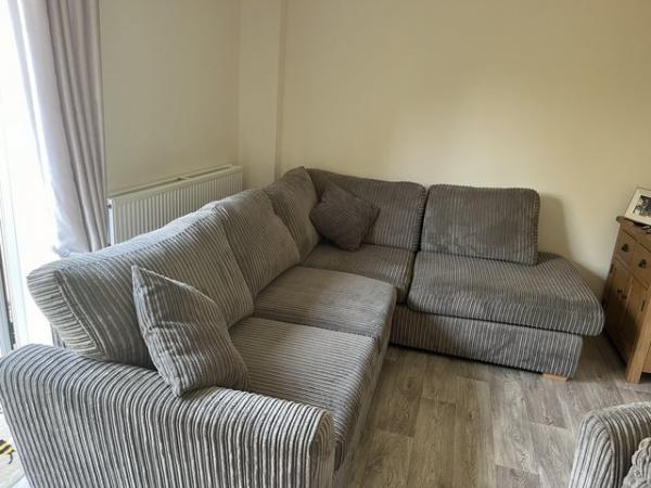 Image 1 of DFS corner sofa, swivel chair and footstool