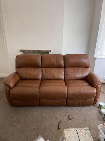 Image 1 of Tan leather reclining sofa