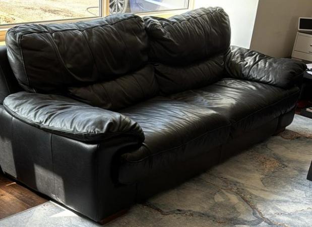 Image 1 of Three Seater Black Real Leather Sofa