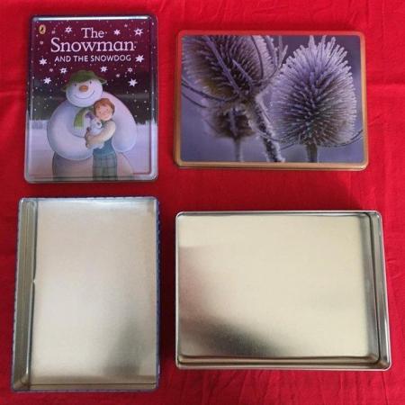 Image 2 of 4 empty Xmas tins: Snowman, Teasels, Vintage, Reindeer.
